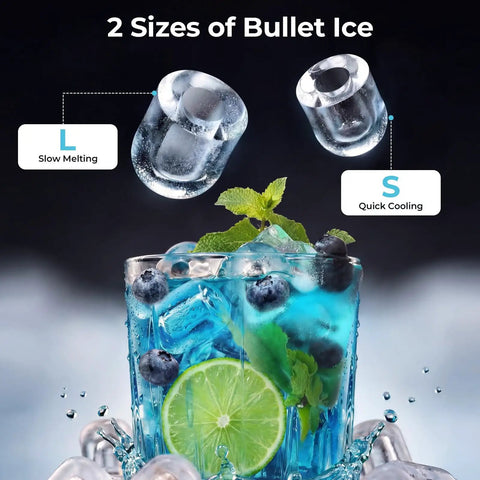 Smooth Countertop Bullet Ice Maker With Zero Hassle Setup And Custom Brick Panel, ice balls enhancing a blue cocktail with lime.