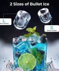 Countertop Bullet Ice Maker Chilling Out In 6 Minutes With 27 Lbs Daily Yield, showcasing two sizes of bullet ice in drinks.