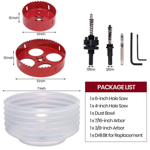 Nexigins hole saw kit with 6in and 4in red bi-metal saws, dust bowl, arbors and drill bits