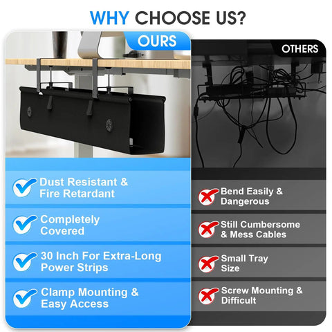 Comparison of 40 Inch Under Desk Cable Management Tray No Drill Cord Organizer With Anti Sag Reinforced Base Fabric on a desk with messy cables
