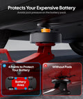 Tesla Jack Pads For Model Y And More Heavy Duty TPU Battery Protection Lift Pucks under car on red jack showing protection area