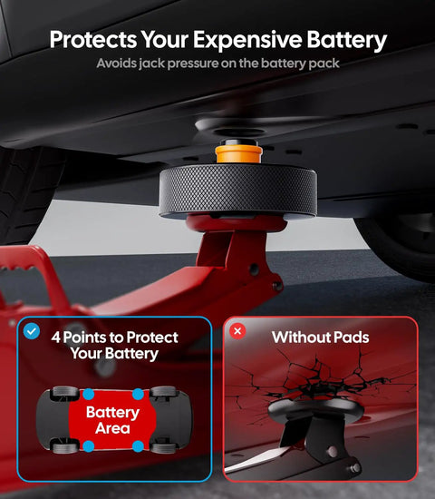Tesla Jack Pads For Model Y And More Heavy Duty TPU Battery Protection Lift Pucks under car on red jack showing protection area