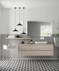 Dope Farmhouse Matte Black Barn Pendant Light With Brass Accents hanging over modern bathroom vanity