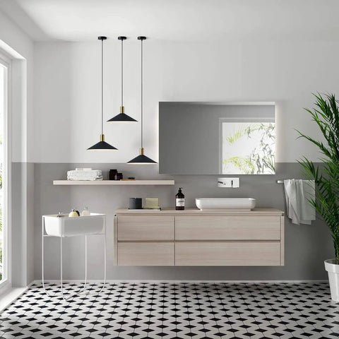Dope Farmhouse Matte Black Barn Pendant Light With Brass Accents hanging over modern bathroom vanity