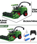 Remote Control One Twenty Four Scale Combine Harvester With Four Wheel Drive And Six Channel System Ultra Realistic Farm Tractor With Smoke Lights And Sound Effects Two Point Four Gigahertz Radio Control Dual Batteries For Adults showing product dimensions and accessories