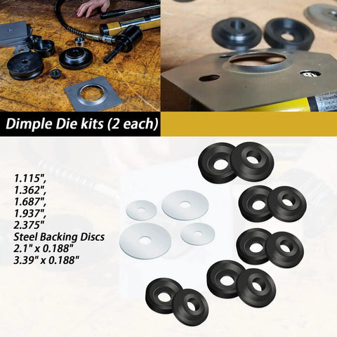 Dimple Die Set With Steel Backing Discs for Harbor Freight Hydraulic Punch Driver Kit, showing five die sizes and discs
