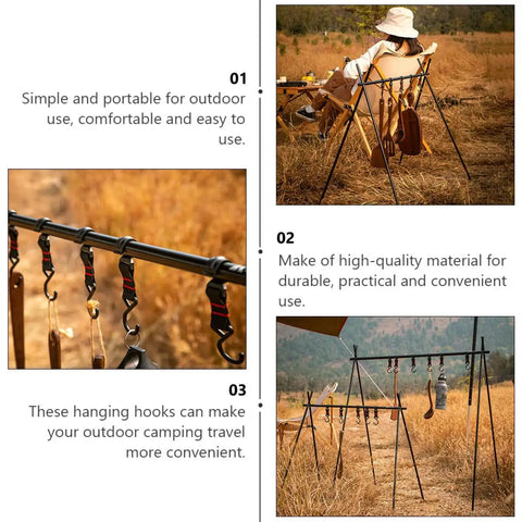 10 Pack Outdoor Camping Hook Hanger Set Portable Compact Size Clothes Storage Holder Lightweight Sturdy Hooks in use outdoors.