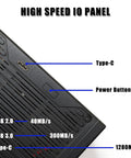 Close-up of Mini CNC Aluminum ITX PC Case high-speed IO panel with USB ports and Type-C connection for efficient data transfer.
