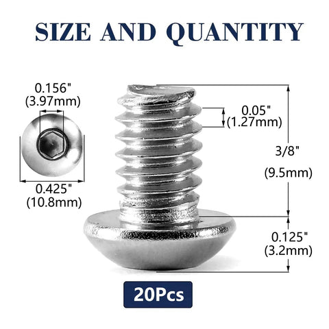 One Quarter Inch Twenty By Three Eighth Button Head Socket Cap Screws Type 304 Stainless Steel dimensions and measurements.