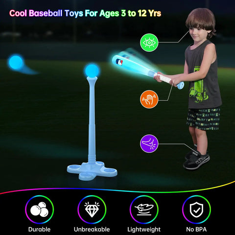 Kid playing with Lit Light Up Tee Ball Set for Toddlers and Kids 3 to 8, Glow in the Dark Baseball Bat and Balls at night