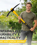 Man holding the Heavy Duty Forged Steel Pick Axe With Shock Absorbing Fiberglass Handle For Digging In Hard Ground Concrete.