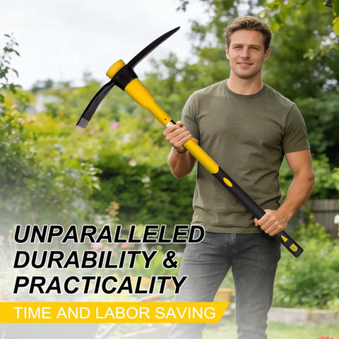 Man holding the Heavy Duty Forged Steel Pick Axe With Shock Absorbing Fiberglass Handle For Digging In Hard Ground Concrete.