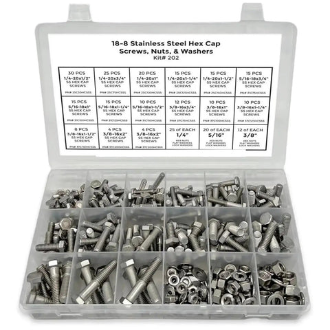 Heavy Duty Stainless Steel Hex Bolt Assortment Kit 380 Piece Corrosion Resistant Nuts Washers and Screws for assembly kit with various sizes.