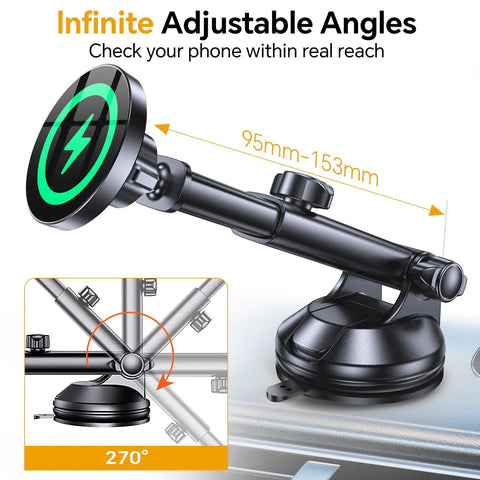 MagSafe Car Mount Charger With Ultra Magnetic Phone Holder showing adjustable arm and mount angles
