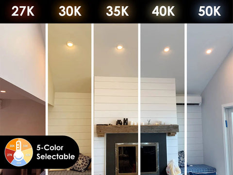 Comparison of five color temperatures, 2700K to 5000K, for 6 Inch White Adjustable Gimbal Wafer Downlight 12W 5CCT Dimmable.