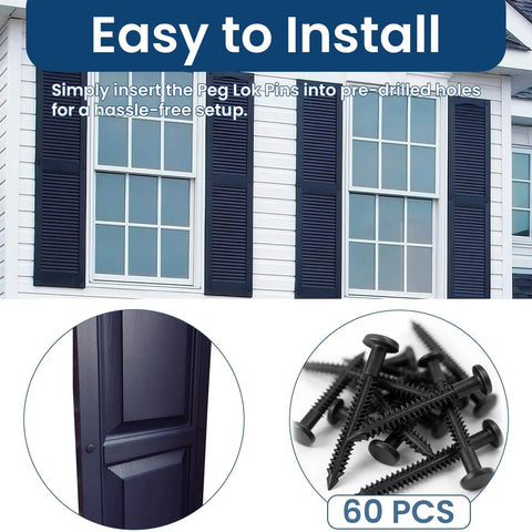 Sixty Pack Three Inch Vinyl Shutter Fasteners Heavy Duty Shutter Locks shown installed on exterior window with pegs.