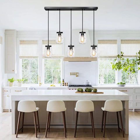 Five Light Glass Mason Jar Pendant Lights Farmhouse Kitchen Island Dining Room, Rustic Adjustable Height Jar Ceiling Fixtures Over Sink