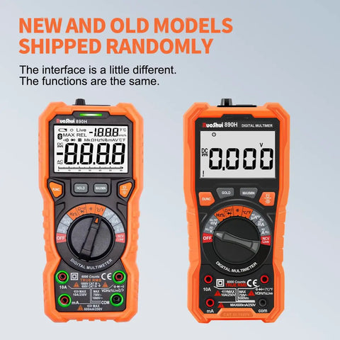 Two digital multimeter models for DIYers and pros, True RMS 10A 1000V, 6000 counts, LCD display, orange casing, auto ranging, NCV function.
