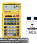 Material Estimator Calculator for DIYers and Pros, showing conversion buttons for feet, inches, fractions, yards, and meters