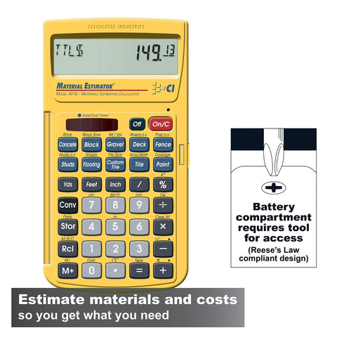 Material Estimator Calculator for DIYers and Pros, showing conversion buttons for feet, inches, fractions, yards, and meters