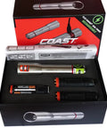 Boxed Stainless Steel LED Flashlight With 171 Lumen Output Pure Beam Focusing Optic, two li-ion batteries shown
