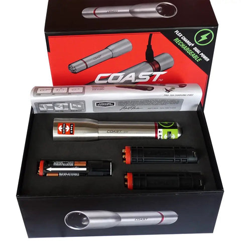 Boxed Stainless Steel LED Flashlight With 171 Lumen Output Pure Beam Focusing Optic, two li-ion batteries shown