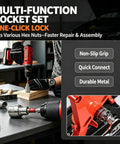 Multi-Function Socket Set with One-Click Lock fitting various hex nuts, featuring durable metal and non-slip grip.