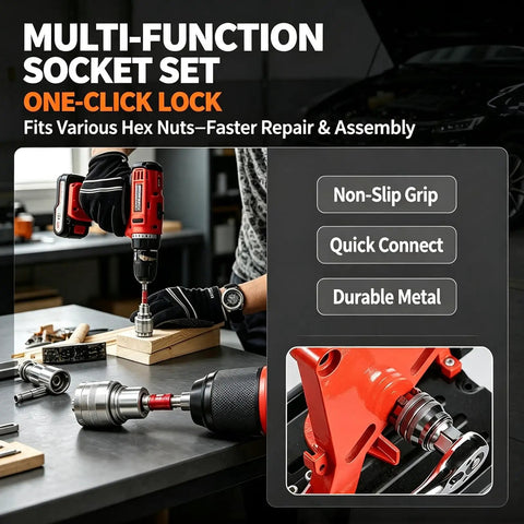 Multi-Function Socket Set with One-Click Lock fitting various hex nuts, featuring durable metal and non-slip grip.