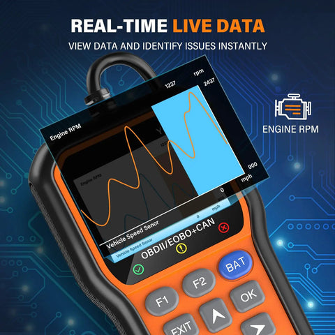 All In One OBD2 Scanner With Battery Tester And Live Data displaying engine RPM on screen, orange design.