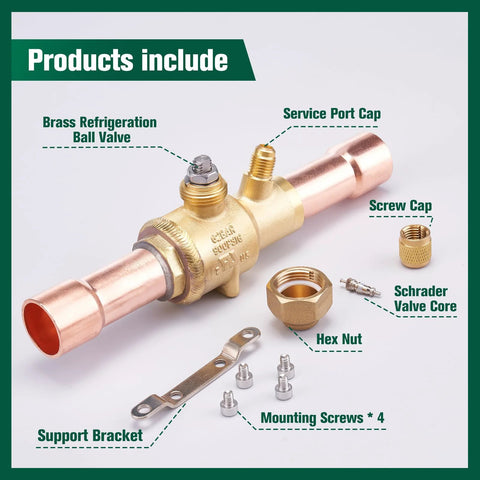 Brass refrigeration ball valve with copper tube, 3/8 ODF, service port cap, Schrader valve core, mounting screws