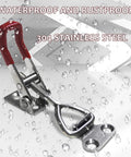 Four Pack Toggle Latch Clamps 304 Stainless Steel Quick Release Hand Tools for smoker lids highlighted with water droplets
