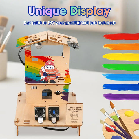 5 In 1 ESP32 STEM Kits For Kids Aged 8 To 12 Wooden 3D puzzle house with smart alarm modules and colorful painted roof