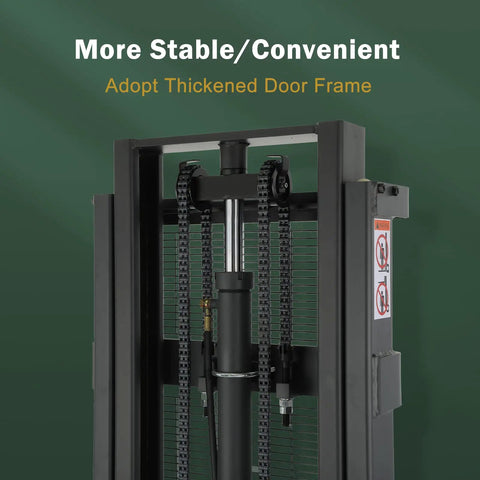 Top Shelf 98 Inch Max Lifting Height Full Electric Walkie Stacker With Straddle Legs featuring a thickened door frame for stability.