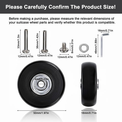 Set Of 8 Luggage Replacement Wheels With 50mm Rubber Swivel Casters For Suitcases And Travel Trolleys, showing parts dimensions.