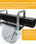 Close-up of a 2 Pack 4 Inch Heavy Duty V Groove Sliding Gate Roller Wheels With No Weld Installation And External Brackets 6600 Pound Capacity For Inverted Gate Systems Zinc Plated Anti Rust Finish showing zinc finish, V-groove, and adjustable bracket dimensions.
