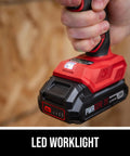 20 Volt Brushless Cordless Impact Driver Kit Including Quick Charge Battery, Quarter Inch Hex Collet, Built In Led Work Light, showing LED worklight detail.