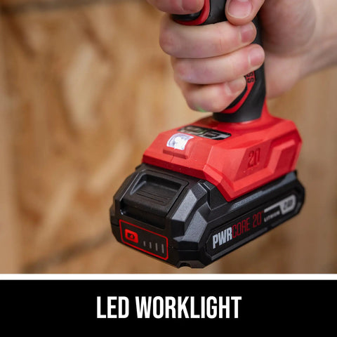 20 Volt Brushless Cordless Impact Driver Kit Including Quick Charge Battery, Quarter Inch Hex Collet, Built In Led Work Light, showing LED worklight detail.