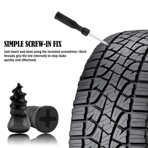60 Piece Tire Plug Kit With Pliers And Screwdrivers For Emergency Puncture Repair showing screwdriver in tire tread