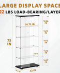 Diagram of Five Shelf Glass Display Cabinet with Locking Door and Remote LED Lights, 75in H x 32in L, with load capacity details.