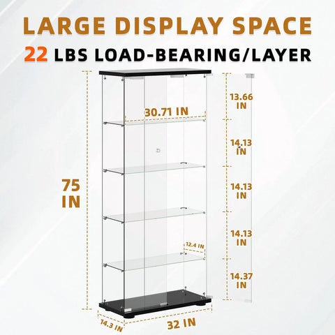 Diagram of Five Shelf Glass Display Cabinet with Locking Door and Remote LED Lights, 75in H x 32in L, with load capacity details.