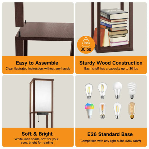 Floor Lamp With Shelves And LED USB Type C Ports Built In AC Outlet Three Color Temperatures Storage Display Walnut Wood Column details