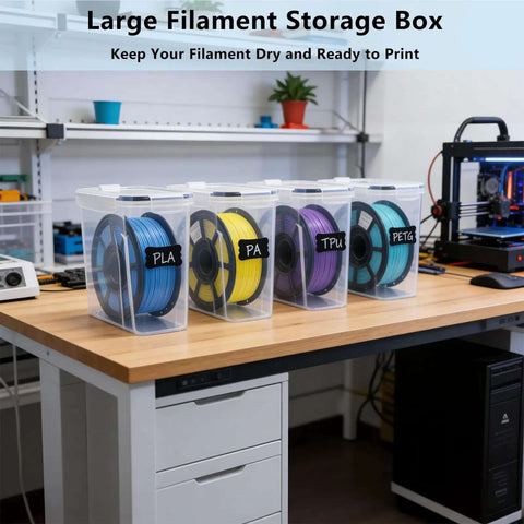 Four Pack Filament Storage Boxes For 3D Printing With Built In Desiccant Label Kit And Moisture Protection Waterproof And Dustproof Dry Box 4.0 Liter Clear with filament spools on a table in a workspace.