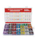Top Shelf Car Fuse Assortment Kit Featuring Three Hundred Pieces Of Mini Standard And Micro Blades with amp ratings organized in a clear case.