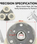 Close-up of Heavy Duty Electric Motor Gear Clutch Kit with 36T Nylon Gear, showing 88mm clutch dimensions, calipers in view.