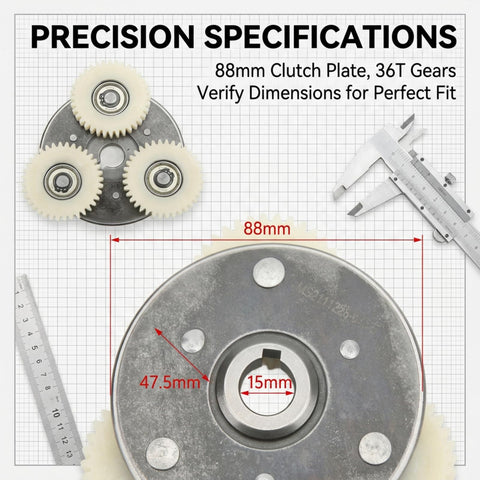 Close-up of Heavy Duty Electric Motor Gear Clutch Kit with 36T Nylon Gear, showing 88mm clutch dimensions, calipers in view.