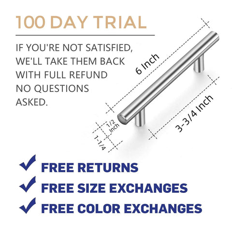 30 Pack 6 Inch Brushed Nickel Stainless Steel Cabinet Pulls for Kitchen Cupboards and Cabinets, dimensions labeled, 100 day trial offer.
