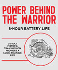 Diagram of 24 Volt motor with text emphasizing 8-hour battery life for Electric Wheelbarrow Workhorse With 350 Lb Capacity And 6 Cu Ft Poly Tray