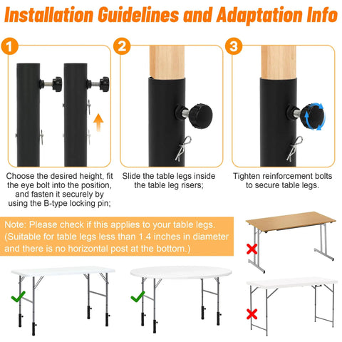 Installation guidelines for 4 Pack Adjustable Table Leg Risers Featuring Smooth Rolling Casters Heavy Duty Metal Extenders.