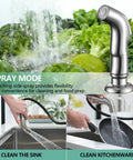 Heavy Duty Brushed Nickel Kitchen Faucet With Side Sprayer And Stainless Steel Body, showing spray mode for cleaning vegetables.