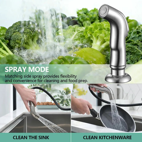 Heavy Duty Brushed Nickel Kitchen Faucet With Side Sprayer And Stainless Steel Body, showing spray mode for cleaning vegetables.